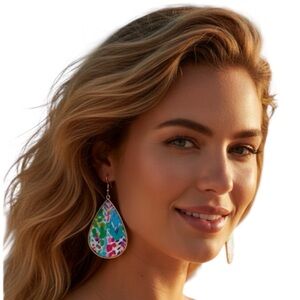 Colorful Teardrop Earrings with Tropical Floral Print - Gold Tone Boho Dangle